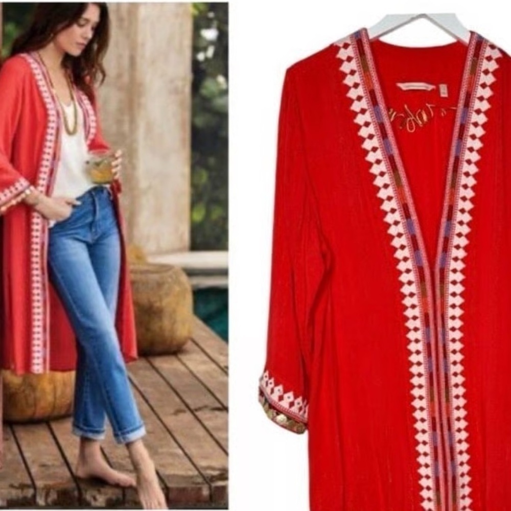 Soft Surroundings Hacienda Gauzy Kimono Jacket Vibrant Coral Lightweight Size XS